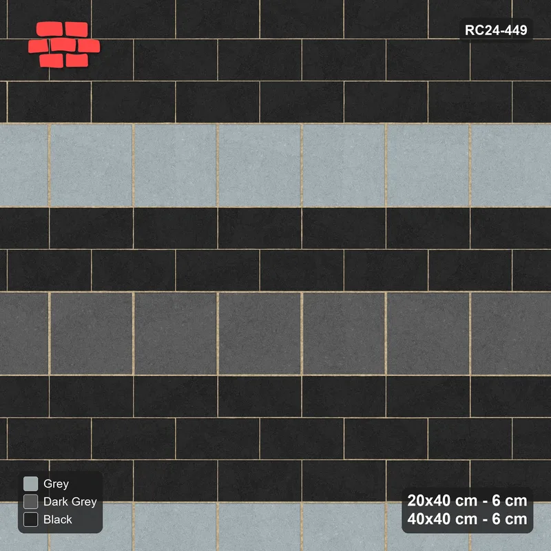 Interlock (Pasco) 20x40 cm · RC24-449 · Staggered Mixed Running Plank Rows between Slab Rows and Kerb Frame - Graphite Scale · Top view Interlock (Pasco) 20x40 cm · RC24-449 · Staggered Mixed Running Plank Rows between Slab Rows and Kerb Frame - Graphite Scale · Top view
