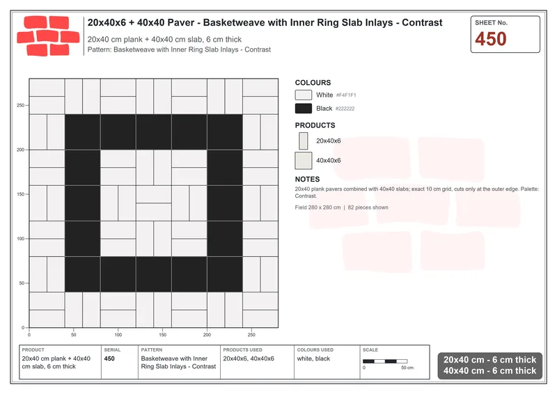 Interlock (Pasco) 20x40 cm · RC24-450 · Basketweave with Inner Ring Slab Inlays - Contrast · Laying plan Interlock (Pasco) 20x40 cm · RC24-450 · Basketweave with Inner Ring Slab Inlays - Contrast · Laying plan