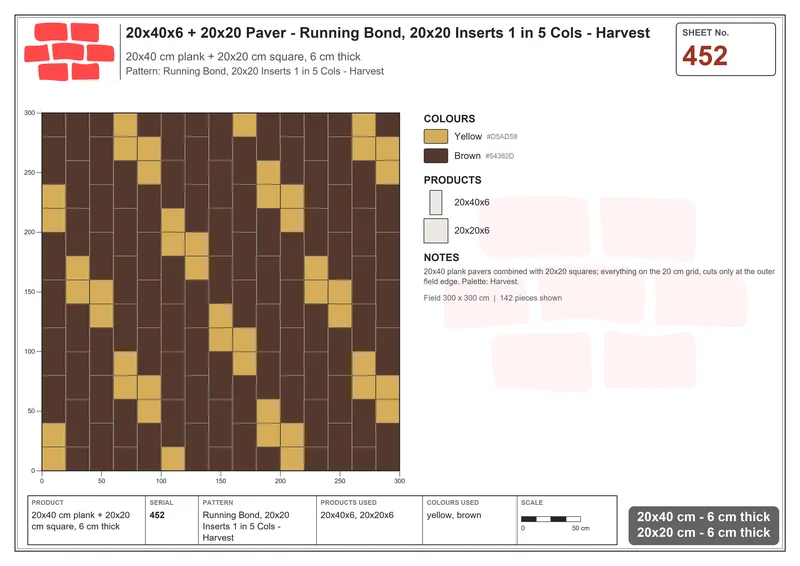 Interlock (Pasco) 20x40 cm · RC24-452 · Running Bond, 20x20 Inserts 1 in 5 Cols - Harvest · Laying plan Interlock (Pasco) 20x40 cm · RC24-452 · Running Bond, 20x20 Inserts 1 in 5 Cols - Harvest · Laying plan