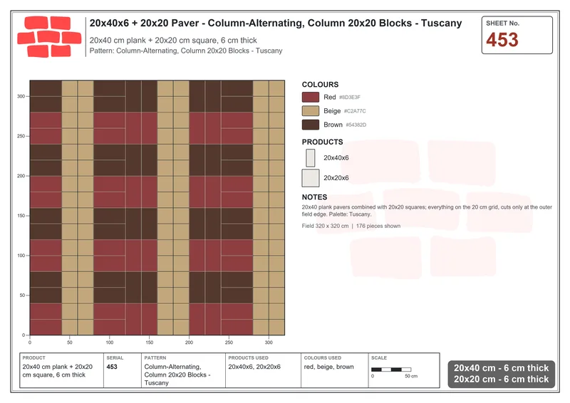 Interlock (Pasco) 20x40 cm · RC24-453 · Column-Alternating, Column 20x20 Blocks - Tuscany · Laying plan Interlock (Pasco) 20x40 cm · RC24-453 · Column-Alternating, Column 20x20 Blocks - Tuscany · Laying plan