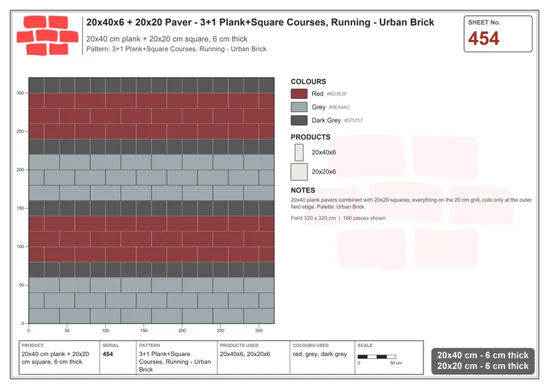 Interlock (Pasco) 20x40 cm · RC24-454 · 3+1 Plank+Square Courses, Running - Urban Brick · Laying plan Interlock (Pasco) 20x40 cm · RC24-454 · 3+1 Plank+Square Courses, Running - Urban Brick · Laying plan