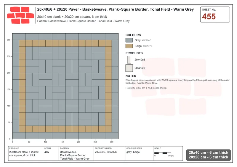Interlock (Pasco) 20x40 cm · RC24-455 · Basketweave, Plank+Square Border, Tonal Field - Warm Grey · Laying plan Interlock (Pasco) 20x40 cm · RC24-455 · Basketweave, Plank+Square Border, Tonal Field - Warm Grey · Laying plan