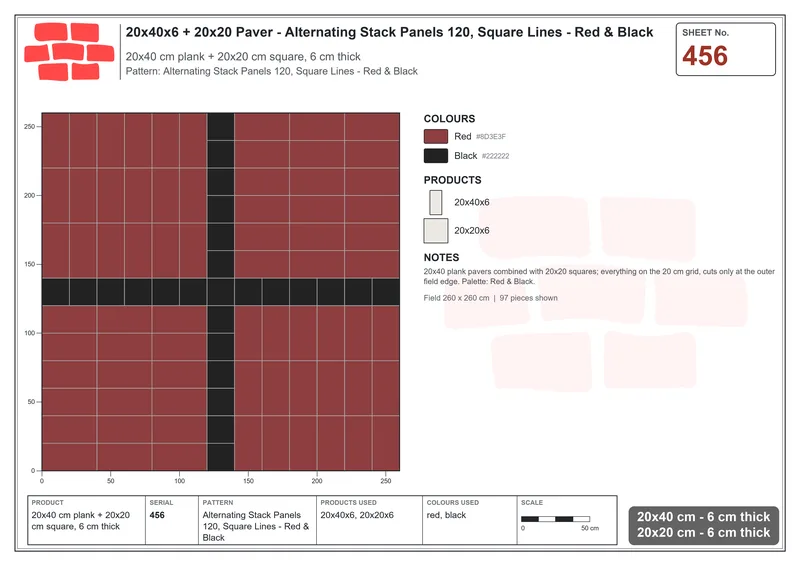 Interlock (Pasco) 20x40 cm · RC24-456 · Alternating Stack Panels 120, Square Lines - Red & Black · Laying plan Interlock (Pasco) 20x40 cm · RC24-456 · Alternating Stack Panels 120, Square Lines - Red & Black · Laying plan