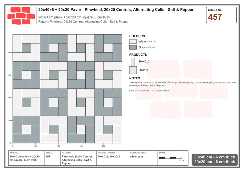 Interlock (Pasco) 20x40 cm · RC24-457 · Pinwheel, 20x20 Centres, Alternating Cells - Salt & Pepper · Laying plan Interlock (Pasco) 20x40 cm · RC24-457 · Pinwheel, 20x20 Centres, Alternating Cells - Salt & Pepper · Laying plan