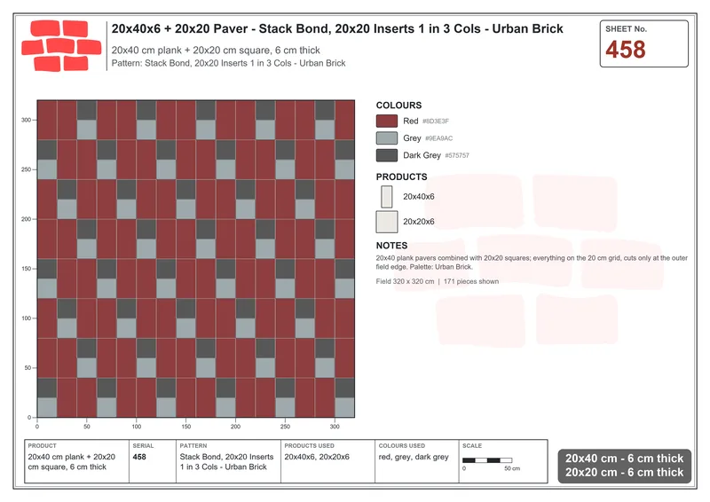 Interlock (Pasco) 20x40 cm · RC24-458 · Stack Bond, 20x20 Inserts 1 in 3 Cols - Urban Brick · Laying plan Interlock (Pasco) 20x40 cm · RC24-458 · Stack Bond, 20x20 Inserts 1 in 3 Cols - Urban Brick · Laying plan