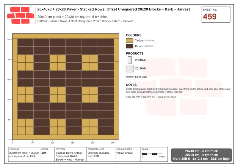 Interlock (Pasco) 20x40 cm · RC24-459 · Stacked Rows, Offset Chequered 20x20 Blocks + Kerb - Harvest · Laying plan Interlock (Pasco) 20x40 cm · RC24-459 · Stacked Rows, Offset Chequered 20x20 Blocks + Kerb - Harvest · Laying plan