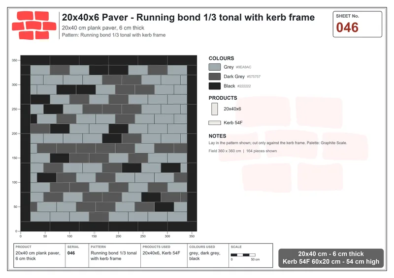 Interlock (Pasco) 20x40 cm · RC24-46 · Running bond 1/3 tonal with kerb frame · Laying plan Interlock (Pasco) 20x40 cm · RC24-46 · Running bond 1/3 tonal with kerb frame · Laying plan