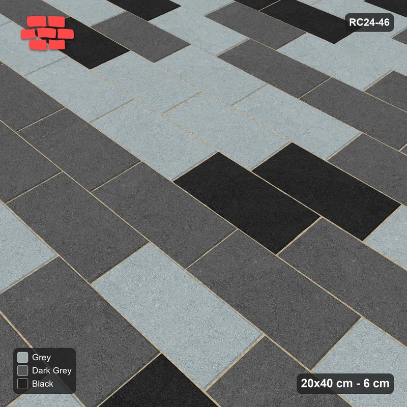 Interlock (Pasco) 20x40 cm · RC24-46 · Running bond 1/3 tonal with kerb frame · Side view Interlock (Pasco) 20x40 cm · RC24-46 · Running bond 1/3 tonal with kerb frame · Side view