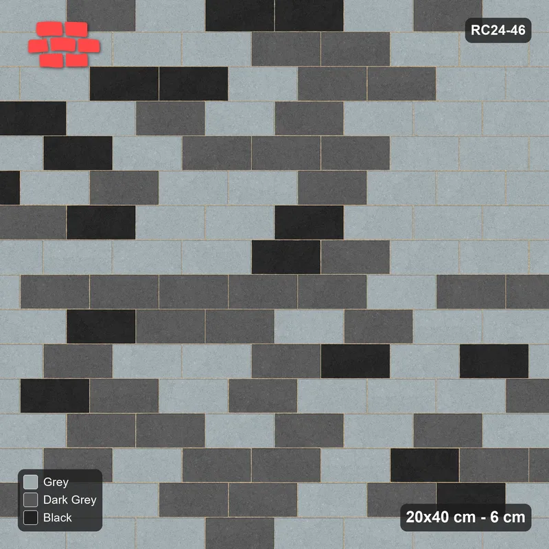 Interlock (Pasco) 20x40 cm · RC24-46 · Running bond 1/3 tonal with kerb frame · Top view Interlock (Pasco) 20x40 cm · RC24-46 · Running bond 1/3 tonal with kerb frame · Top view