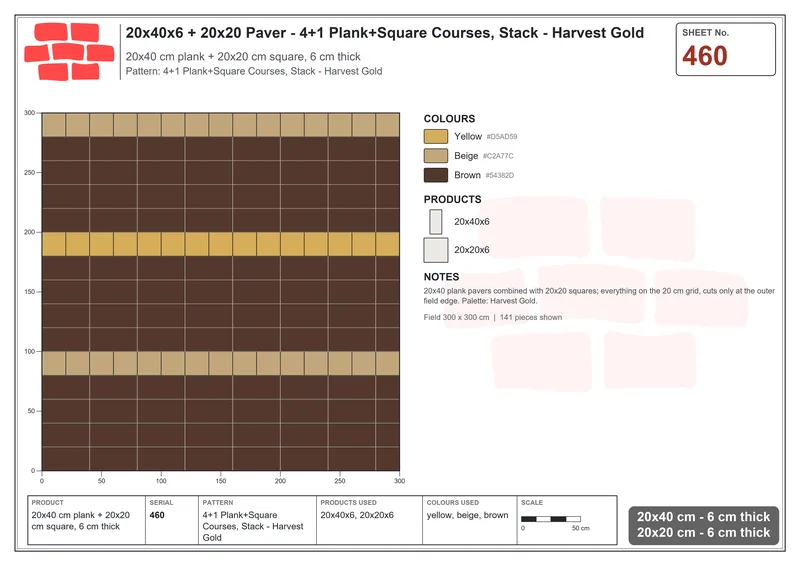Interlock (Pasco) 20x40 cm · RC24-460 · 4+1 Plank+Square Courses, Stack - Harvest Gold · Laying plan Interlock (Pasco) 20x40 cm · RC24-460 · 4+1 Plank+Square Courses, Stack - Harvest Gold · Laying plan