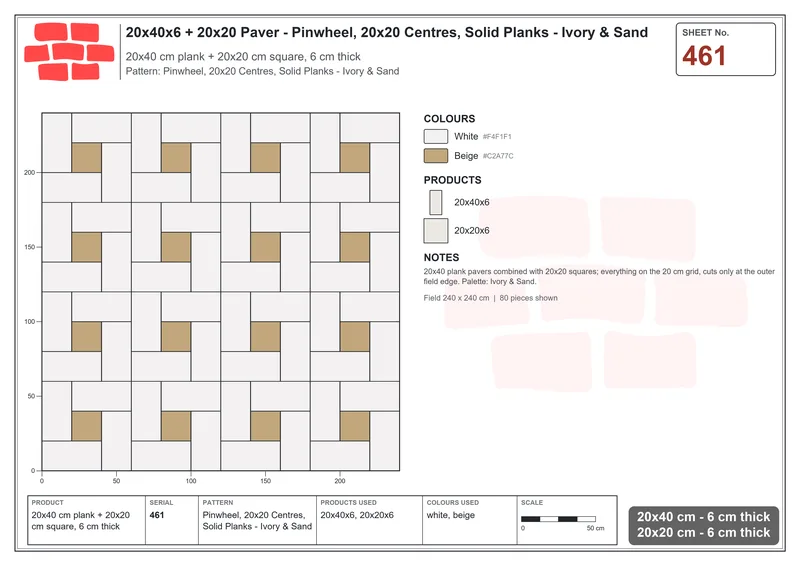 Interlock (Pasco) 20x40 cm · RC24-461 · Pinwheel, 20x20 Centres, Solid Planks - Ivory & Sand · Laying plan Interlock (Pasco) 20x40 cm · RC24-461 · Pinwheel, 20x20 Centres, Solid Planks - Ivory & Sand · Laying plan