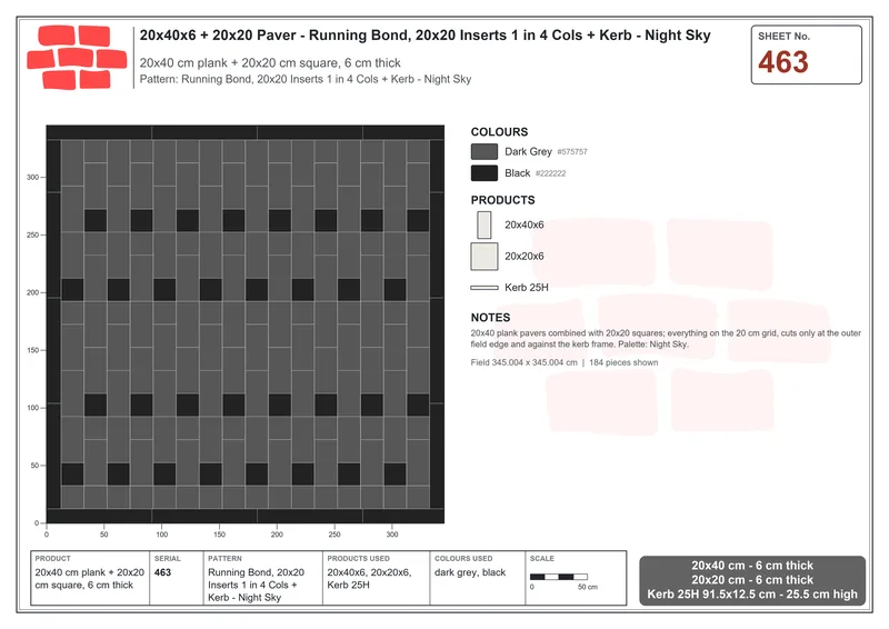 Interlock (Pasco) 20x40 cm · RC24-463 · Running Bond, 20x20 Inserts 1 in 4 Cols + Kerb - Night Sky · Laying plan Interlock (Pasco) 20x40 cm · RC24-463 · Running Bond, 20x20 Inserts 1 in 4 Cols + Kerb - Night Sky · Laying plan