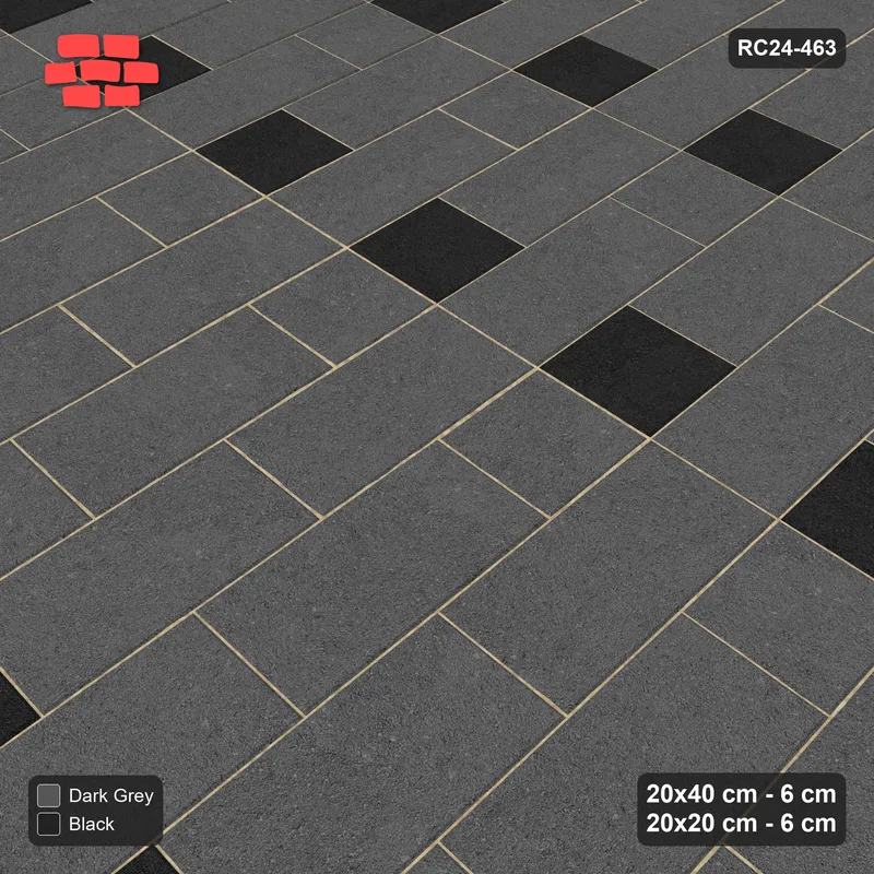 Interlock (Pasco) 20x40 cm · RC24-463 · Running Bond, 20x20 Inserts 1 in 4 Cols + Kerb - Night Sky · Side view Interlock (Pasco) 20x40 cm · RC24-463 · Running Bond, 20x20 Inserts 1 in 4 Cols + Kerb - Night Sky · Side view