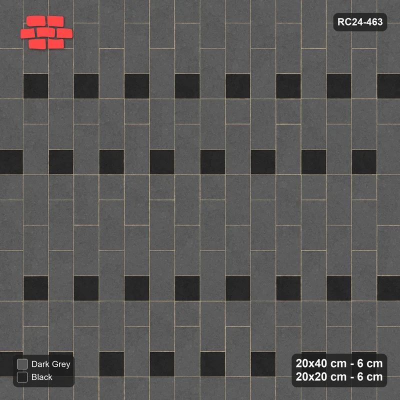 Interlock (Pasco) 20x40 cm · RC24-463 · Running Bond, 20x20 Inserts 1 in 4 Cols + Kerb - Night Sky · Top view Interlock (Pasco) 20x40 cm · RC24-463 · Running Bond, 20x20 Inserts 1 in 4 Cols + Kerb - Night Sky · Top view
