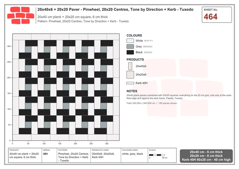 Interlock (Pasco) 20x40 cm · RC24-464 · Pinwheel, 20x20 Centres, Tone by Direction + Kerb - Tuxedo · Laying plan Interlock (Pasco) 20x40 cm · RC24-464 · Pinwheel, 20x20 Centres, Tone by Direction + Kerb - Tuxedo · Laying plan