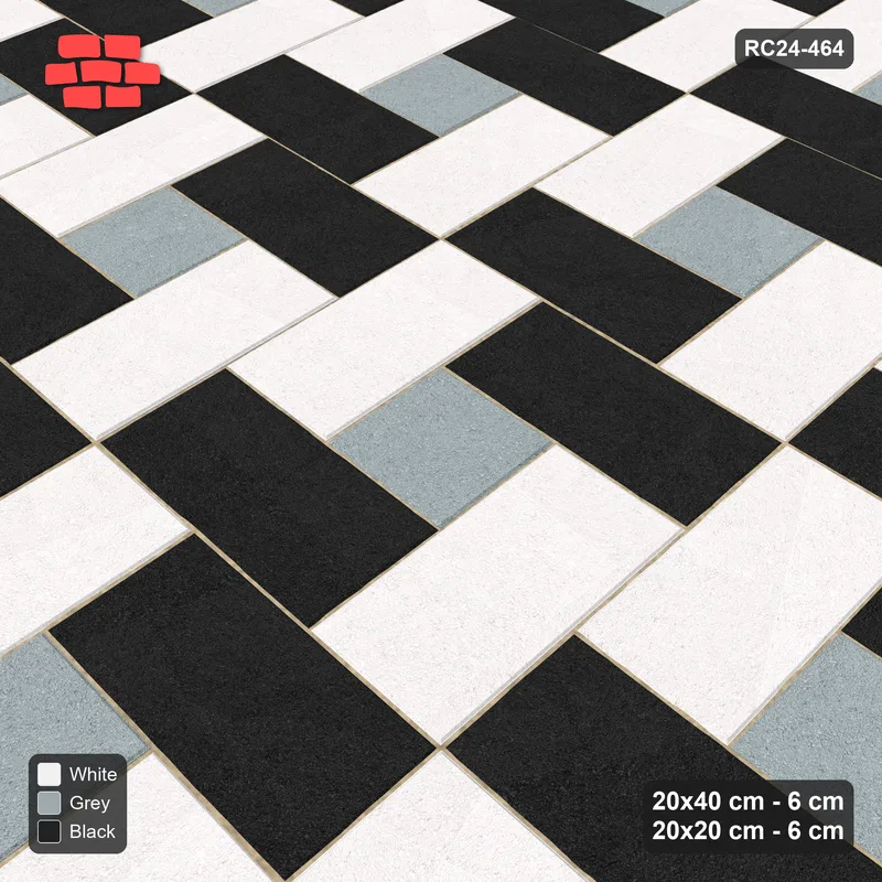 Interlock (Pasco) 20x40 cm · RC24-464 · Pinwheel, 20x20 Centres, Tone by Direction + Kerb - Tuxedo · Side view Interlock (Pasco) 20x40 cm · RC24-464 · Pinwheel, 20x20 Centres, Tone by Direction + Kerb - Tuxedo · Side view