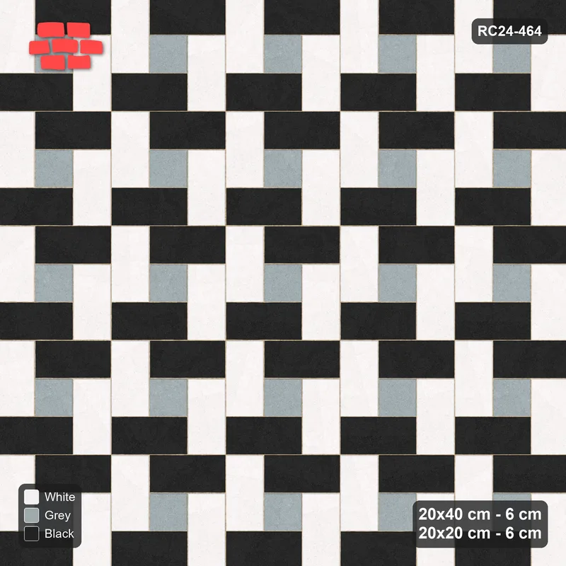 Interlock (Pasco) 20x40 cm · RC24-464 · Pinwheel, 20x20 Centres, Tone by Direction + Kerb - Tuxedo · Top view Interlock (Pasco) 20x40 cm · RC24-464 · Pinwheel, 20x20 Centres, Tone by Direction + Kerb - Tuxedo · Top view