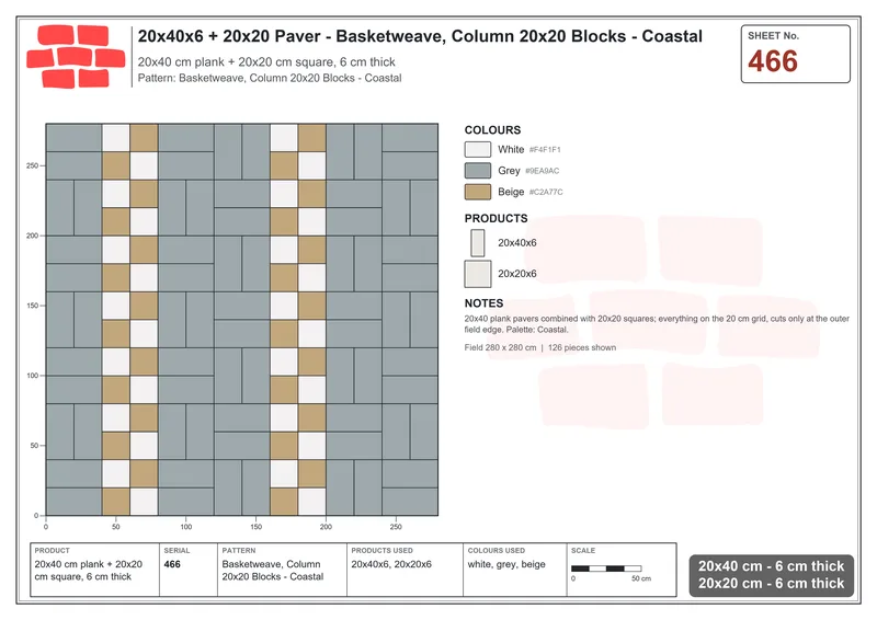 Interlock (Pasco) 20x40 cm · RC24-466 · Basketweave, Column 20x20 Blocks - Coastal · Laying plan Interlock (Pasco) 20x40 cm · RC24-466 · Basketweave, Column 20x20 Blocks - Coastal · Laying plan