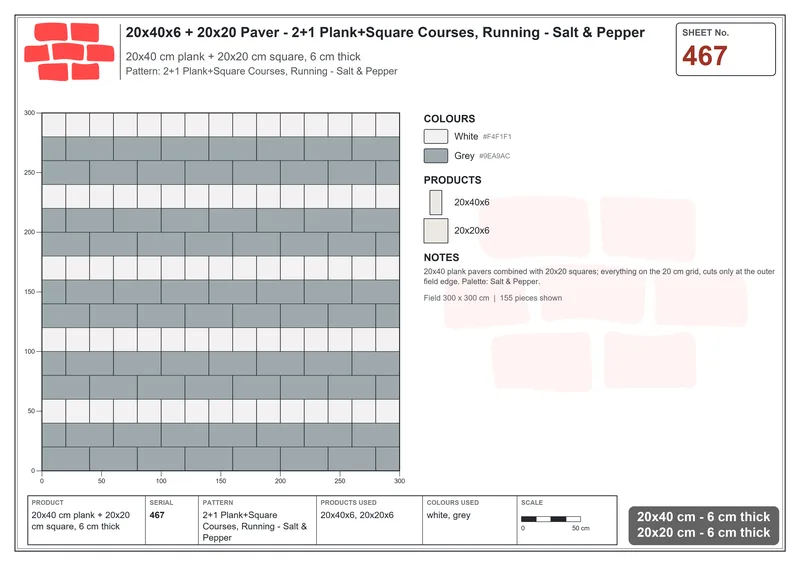Interlock (Pasco) 20x40 cm · RC24-467 · 2+1 Plank+Square Courses, Running - Salt & Pepper · Laying plan Interlock (Pasco) 20x40 cm · RC24-467 · 2+1 Plank+Square Courses, Running - Salt & Pepper · Laying plan
