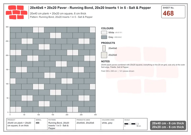 Interlock (Pasco) 20x40 cm · RC24-468 · Running Bond, 20x20 Inserts 1 in 5 - Salt & Pepper · Laying plan Interlock (Pasco) 20x40 cm · RC24-468 · Running Bond, 20x20 Inserts 1 in 5 - Salt & Pepper · Laying plan