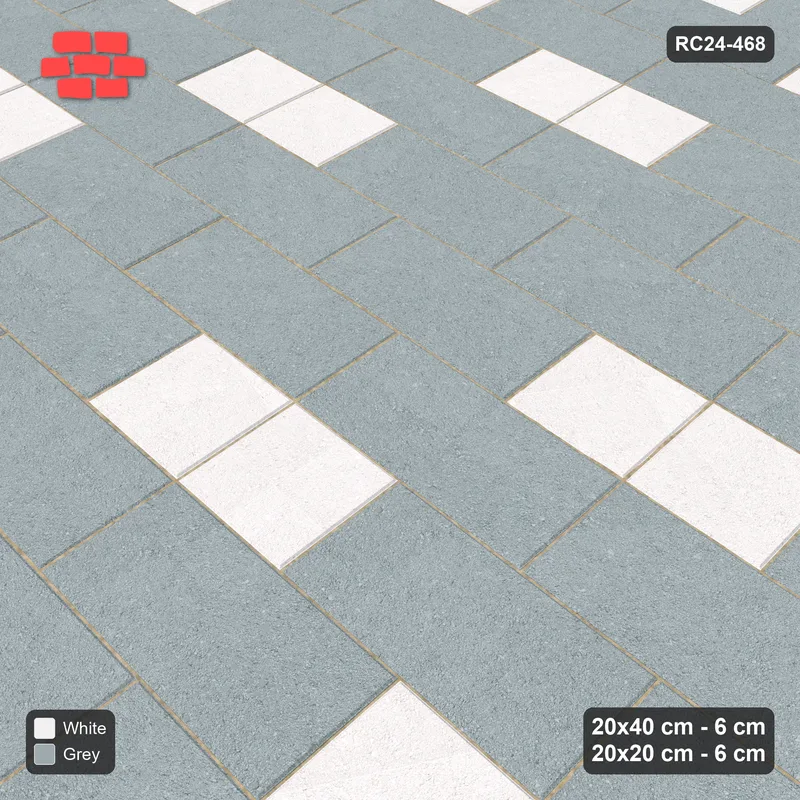 Interlock (Pasco) 20x40 cm · RC24-468 · Running Bond, 20x20 Inserts 1 in 5 - Salt & Pepper · Side view Interlock (Pasco) 20x40 cm · RC24-468 · Running Bond, 20x20 Inserts 1 in 5 - Salt & Pepper · Side view