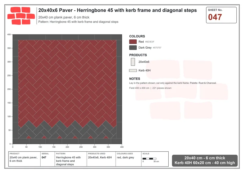 Interlock (Pasco) 20x40 cm · RC24-47 · Herringbone 45 with kerb frame and diagonal steps · Laying plan Interlock (Pasco) 20x40 cm · RC24-47 · Herringbone 45 with kerb frame and diagonal steps · Laying plan