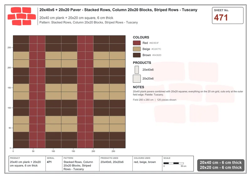 Interlock (Pasco) 20x40 cm · RC24-471 · Stacked Rows, Column 20x20 Blocks, Striped Rows - Tuscany · Laying plan Interlock (Pasco) 20x40 cm · RC24-471 · Stacked Rows, Column 20x20 Blocks, Striped Rows - Tuscany · Laying plan