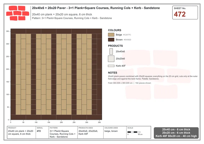 Interlock (Pasco) 20x40 cm · RC24-472 · 3+1 Plank+Square Courses, Running Cols + Kerb - Sandstone · Laying plan Interlock (Pasco) 20x40 cm · RC24-472 · 3+1 Plank+Square Courses, Running Cols + Kerb - Sandstone · Laying plan