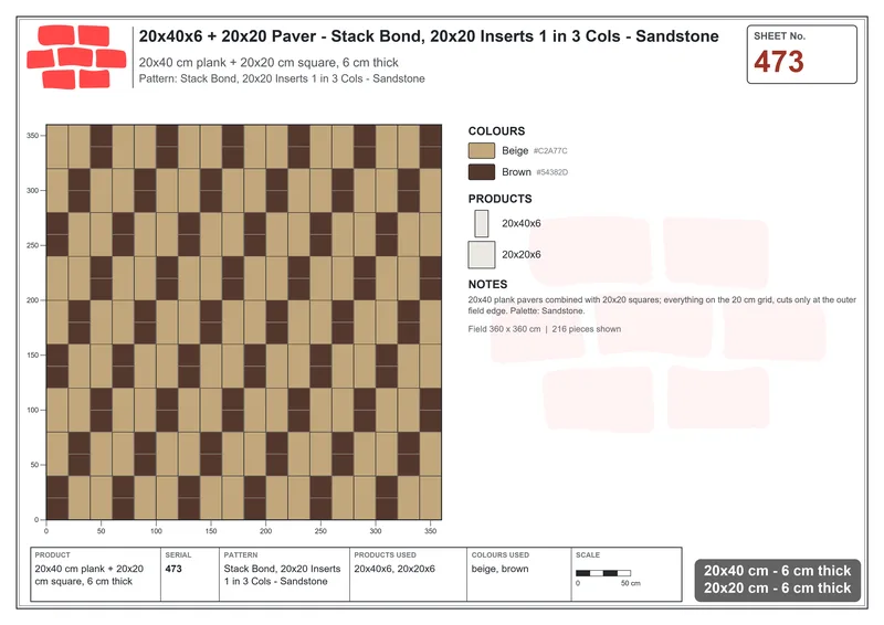 Interlock (Pasco) 20x40 cm · RC24-473 · Stack Bond, 20x20 Inserts 1 in 3 Cols - Sandstone · Laying plan Interlock (Pasco) 20x40 cm · RC24-473 · Stack Bond, 20x20 Inserts 1 in 3 Cols - Sandstone · Laying plan