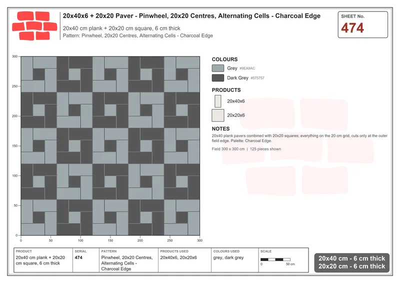 Interlock (Pasco) 20x40 cm · RC24-474 · Pinwheel, 20x20 Centres, Alternating Cells - Charcoal Edge · Laying plan Interlock (Pasco) 20x40 cm · RC24-474 · Pinwheel, 20x20 Centres, Alternating Cells - Charcoal Edge · Laying plan