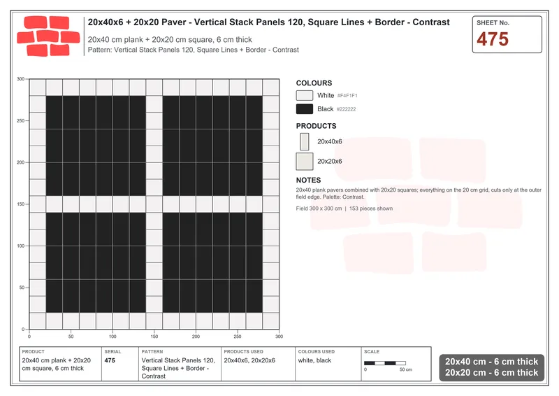 Interlock (Pasco) 20x40 cm · RC24-475 · Vertical Stack Panels 120, Square Lines + Border - Contrast · Laying plan Interlock (Pasco) 20x40 cm · RC24-475 · Vertical Stack Panels 120, Square Lines + Border - Contrast · Laying plan