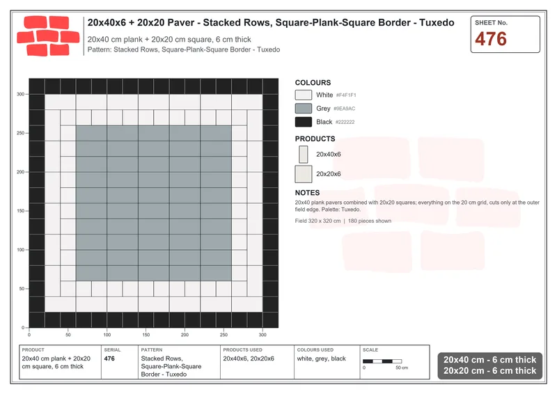 Interlock (Pasco) 20x40 cm · RC24-476 · Stacked Rows, Square-Plank-Square Border - Tuxedo · Laying plan Interlock (Pasco) 20x40 cm · RC24-476 · Stacked Rows, Square-Plank-Square Border - Tuxedo · Laying plan