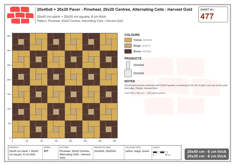 Interlock (Pasco) 20x40 cm · RC24-477 · Pinwheel, 20x20 Centres, Alternating Cells - Harvest Gold · Laying plan Interlock (Pasco) 20x40 cm · RC24-477 · Pinwheel, 20x20 Centres, Alternating Cells - Harvest Gold · Laying plan