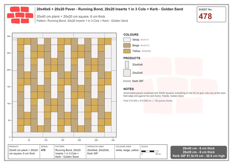 Interlock (Pasco) 20x40 cm · RC24-478 · Running Bond, 20x20 Inserts 1 in 3 Cols + Kerb - Golden Sand · Laying plan Interlock (Pasco) 20x40 cm · RC24-478 · Running Bond, 20x20 Inserts 1 in 3 Cols + Kerb - Golden Sand · Laying plan