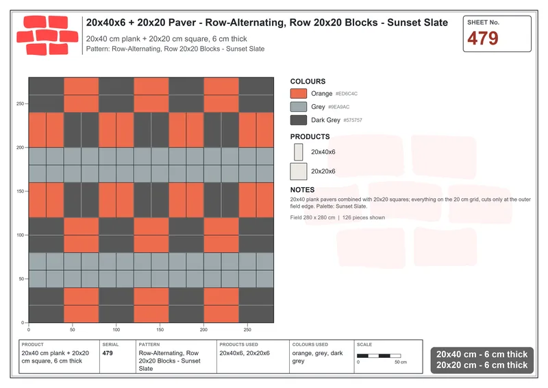 Interlock (Pasco) 20x40 cm · RC24-479 · Row-Alternating, Row 20x20 Blocks - Sunset Slate · Laying plan Interlock (Pasco) 20x40 cm · RC24-479 · Row-Alternating, Row 20x20 Blocks - Sunset Slate · Laying plan