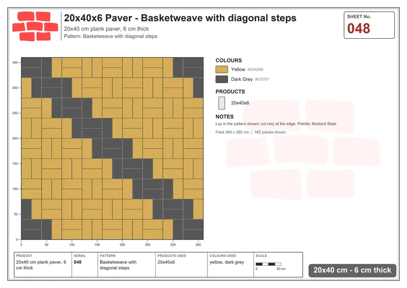 Interlock (Pasco) 20x40 cm · RC24-48 · Basketweave with diagonal steps · Laying plan Interlock (Pasco) 20x40 cm · RC24-48 · Basketweave with diagonal steps · Laying plan