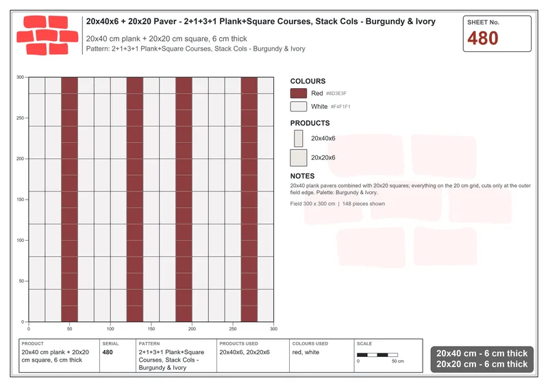 Interlock (Pasco) 20x40 cm · RC24-480 · 2+1+3+1 Plank+Square Courses, Stack Cols - Burgundy & Ivory · Laying plan Interlock (Pasco) 20x40 cm · RC24-480 · 2+1+3+1 Plank+Square Courses, Stack Cols - Burgundy & Ivory · Laying plan