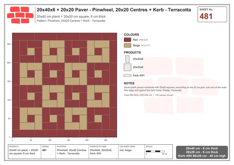 Interlock (Pasco) 20x40 cm · RC24-481 · Pinwheel, 20x20 Centres + Kerb - Terracotta · Laying plan Interlock (Pasco) 20x40 cm · RC24-481 · Pinwheel, 20x20 Centres + Kerb - Terracotta · Laying plan