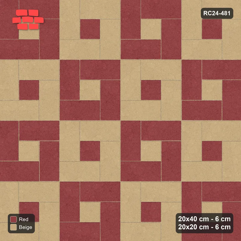 Interlock (Pasco) 20x40 cm · RC24-481 · Pinwheel, 20x20 Centres + Kerb - Terracotta · Top view Interlock (Pasco) 20x40 cm · RC24-481 · Pinwheel, 20x20 Centres + Kerb - Terracotta · Top view