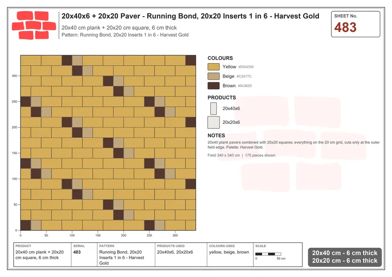Interlock (Pasco) 20x40 cm · RC24-483 · Running Bond, 20x20 Inserts 1 in 6 - Harvest Gold · Laying plan Interlock (Pasco) 20x40 cm · RC24-483 · Running Bond, 20x20 Inserts 1 in 6 - Harvest Gold · Laying plan