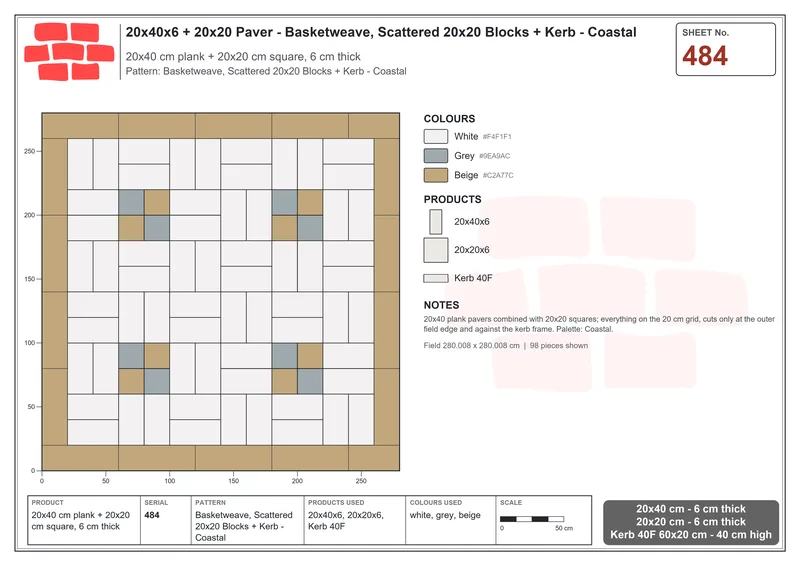 Interlock (Pasco) 20x40 cm · RC24-484 · Basketweave, Scattered 20x20 Blocks + Kerb - Coastal · Laying plan Interlock (Pasco) 20x40 cm · RC24-484 · Basketweave, Scattered 20x20 Blocks + Kerb - Coastal · Laying plan