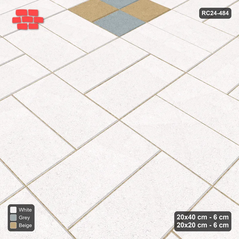Interlock (Pasco) 20x40 cm · RC24-484 · Basketweave, Scattered 20x20 Blocks + Kerb - Coastal · Side view Interlock (Pasco) 20x40 cm · RC24-484 · Basketweave, Scattered 20x20 Blocks + Kerb - Coastal · Side view
