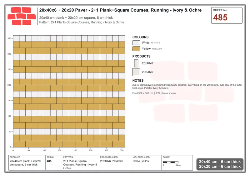 Interlock (Pasco) 20x40 cm · RC24-485 · 2+1 Plank+Square Courses, Running - Ivory & Ochre · Laying plan Interlock (Pasco) 20x40 cm · RC24-485 · 2+1 Plank+Square Courses, Running - Ivory & Ochre · Laying plan