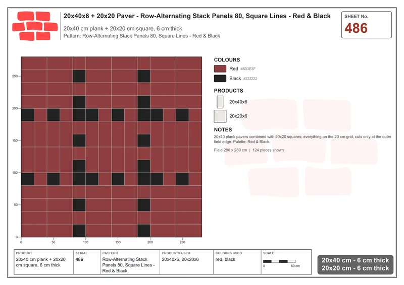 Interlock (Pasco) 20x40 cm · RC24-486 · Row-Alternating Stack Panels 80, Square Lines - Red & Black · Laying plan Interlock (Pasco) 20x40 cm · RC24-486 · Row-Alternating Stack Panels 80, Square Lines - Red & Black · Laying plan