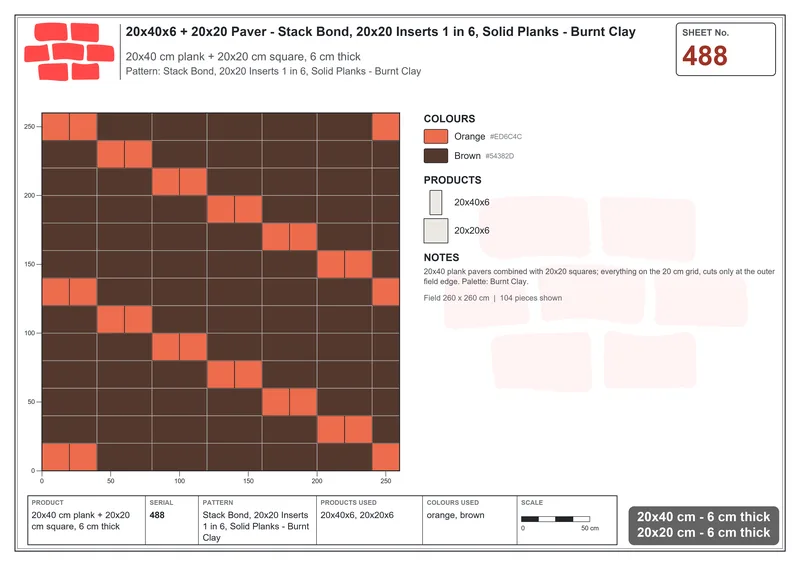 Interlock (Pasco) 20x40 cm · RC24-488 · Stack Bond, 20x20 Inserts 1 in 6, Solid Planks - Burnt Clay · Laying plan Interlock (Pasco) 20x40 cm · RC24-488 · Stack Bond, 20x20 Inserts 1 in 6, Solid Planks - Burnt Clay · Laying plan