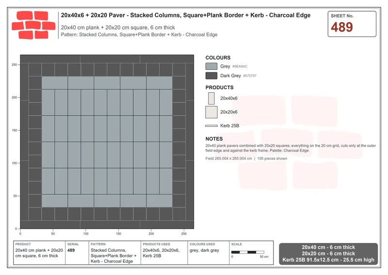 Interlock (Pasco) 20x40 cm · RC24-489 · Stacked Columns, Square+Plank Border + Kerb - Charcoal Edge · Laying plan Interlock (Pasco) 20x40 cm · RC24-489 · Stacked Columns, Square+Plank Border + Kerb - Charcoal Edge · Laying plan