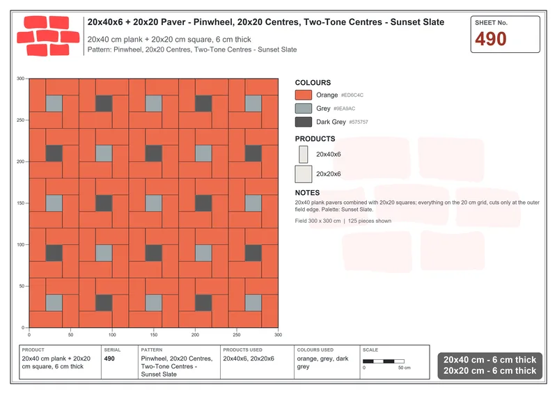 Interlock (Pasco) 20x40 cm · RC24-490 · Pinwheel, 20x20 Centres, Two-Tone Centres - Sunset Slate · Laying plan Interlock (Pasco) 20x40 cm · RC24-490 · Pinwheel, 20x20 Centres, Two-Tone Centres - Sunset Slate · Laying plan