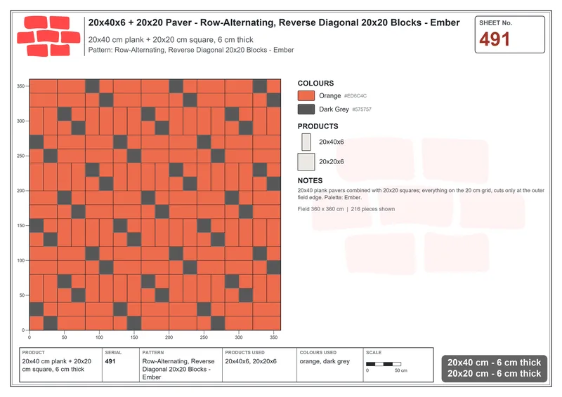 Interlock (Pasco) 20x40 cm · RC24-491 · Row-Alternating, Reverse Diagonal 20x20 Blocks - Ember · Laying plan Interlock (Pasco) 20x40 cm · RC24-491 · Row-Alternating, Reverse Diagonal 20x20 Blocks - Ember · Laying plan