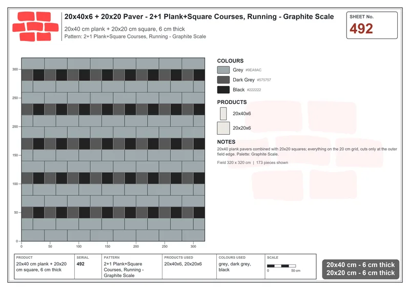 Interlock (Pasco) 20x40 cm · RC24-492 · 2+1 Plank+Square Courses, Running - Graphite Scale · Laying plan Interlock (Pasco) 20x40 cm · RC24-492 · 2+1 Plank+Square Courses, Running - Graphite Scale · Laying plan