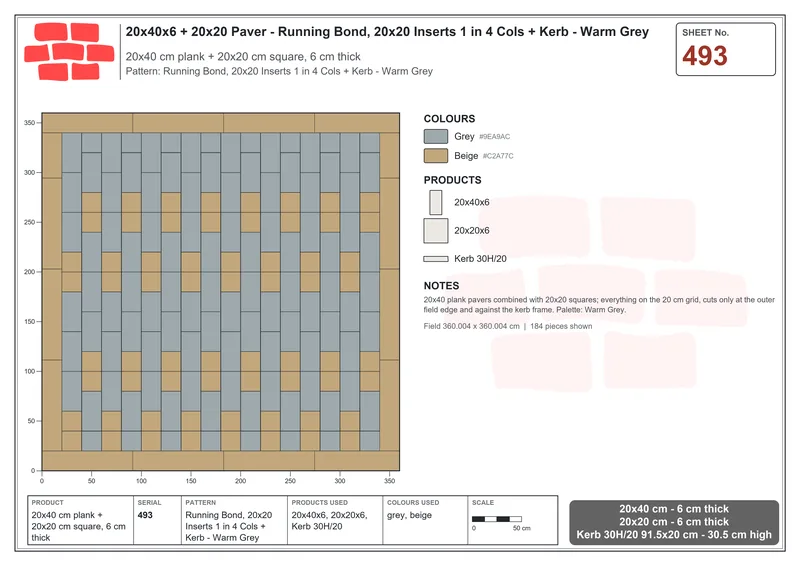 Interlock (Pasco) 20x40 cm · RC24-493 · Running Bond, 20x20 Inserts 1 in 4 Cols + Kerb - Warm Grey · Laying plan Interlock (Pasco) 20x40 cm · RC24-493 · Running Bond, 20x20 Inserts 1 in 4 Cols + Kerb - Warm Grey · Laying plan